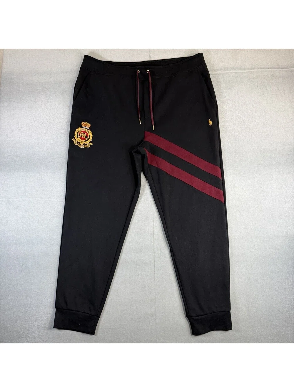 Polo Ralph Lauren Crest Double Knit Joggers Men’s XXL Black Burgundy Gold Pony